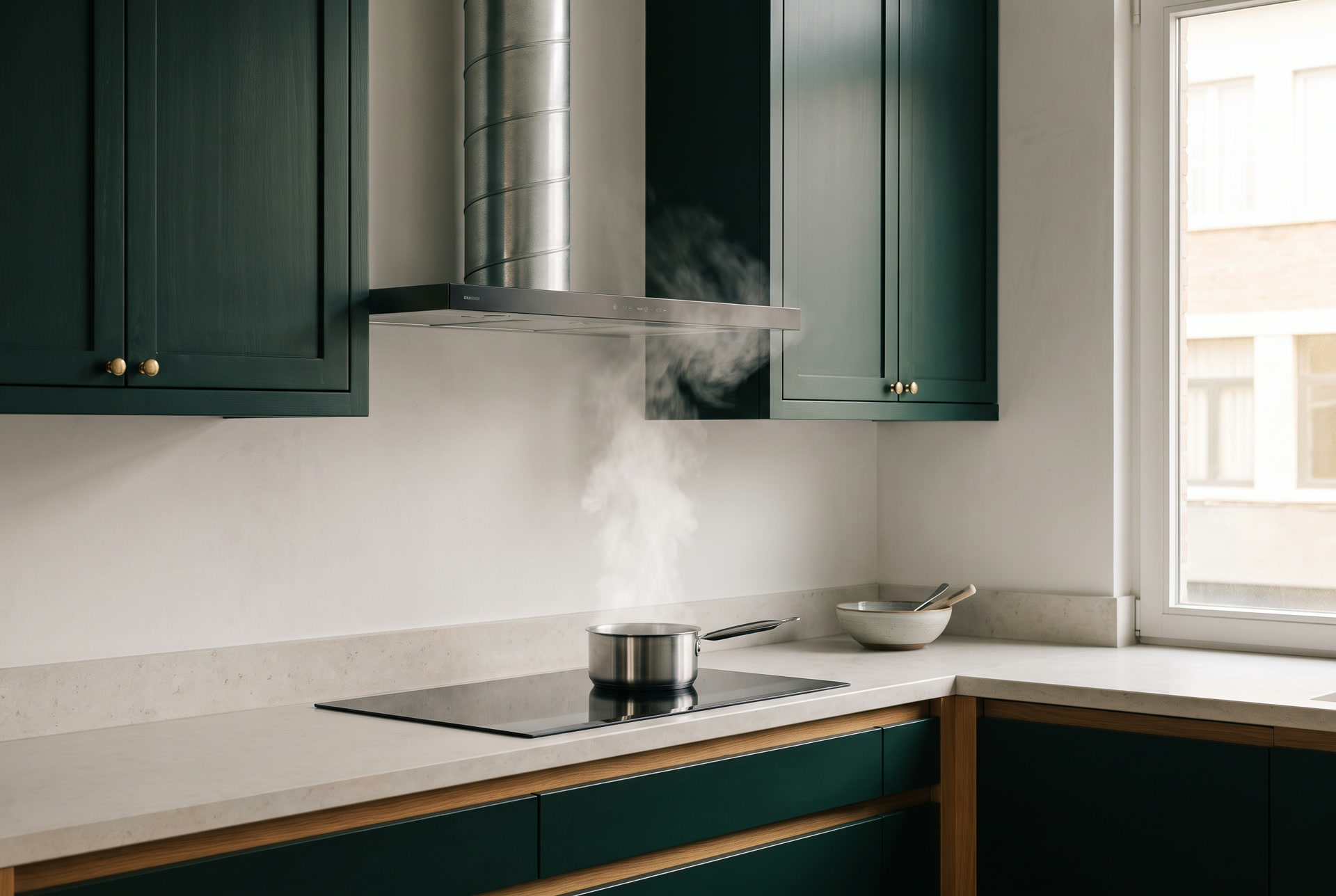 Extractor ducted outside above an induction hob, illustration
