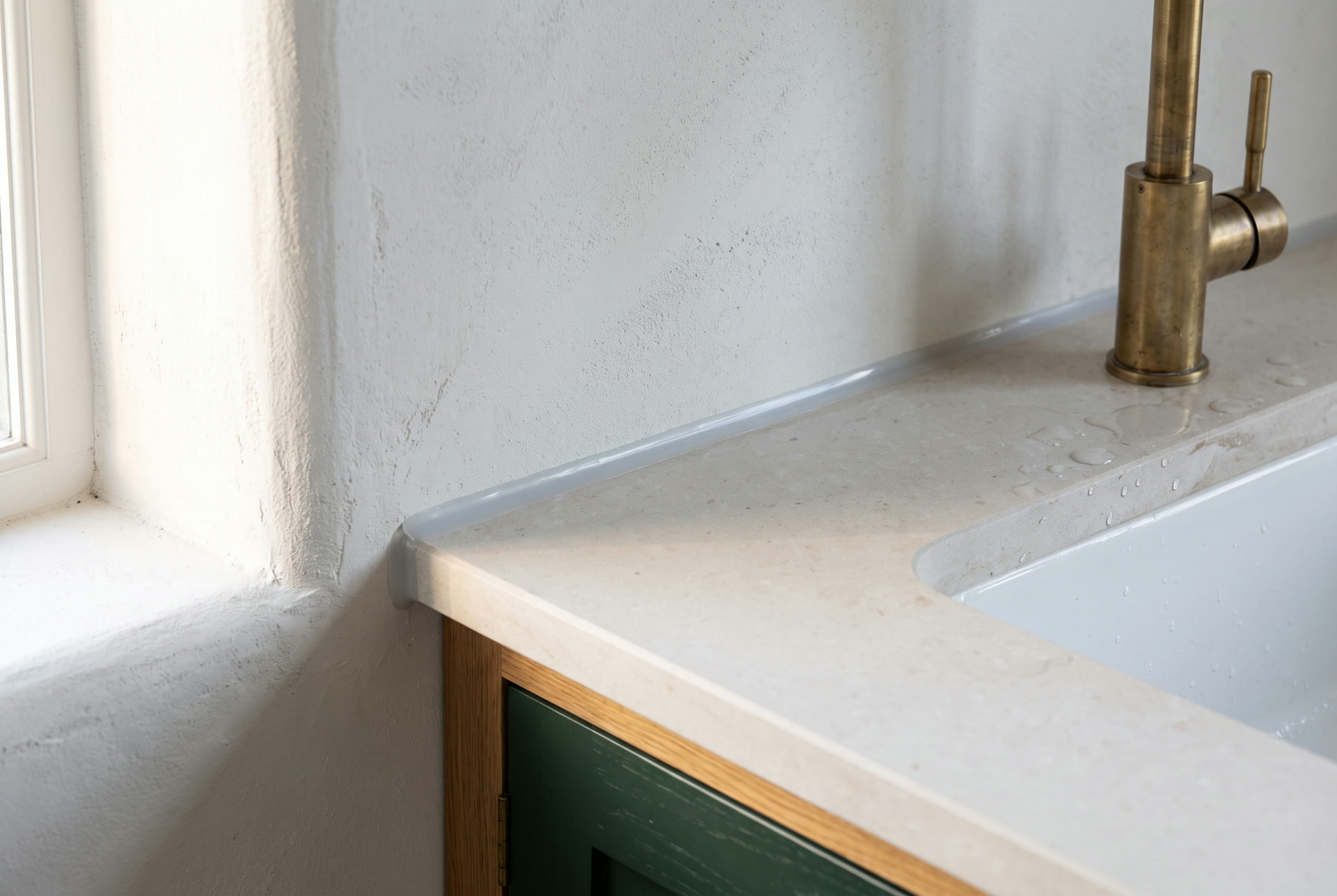 Silicone bead run straight between a stone worktop and the wall, illustration
