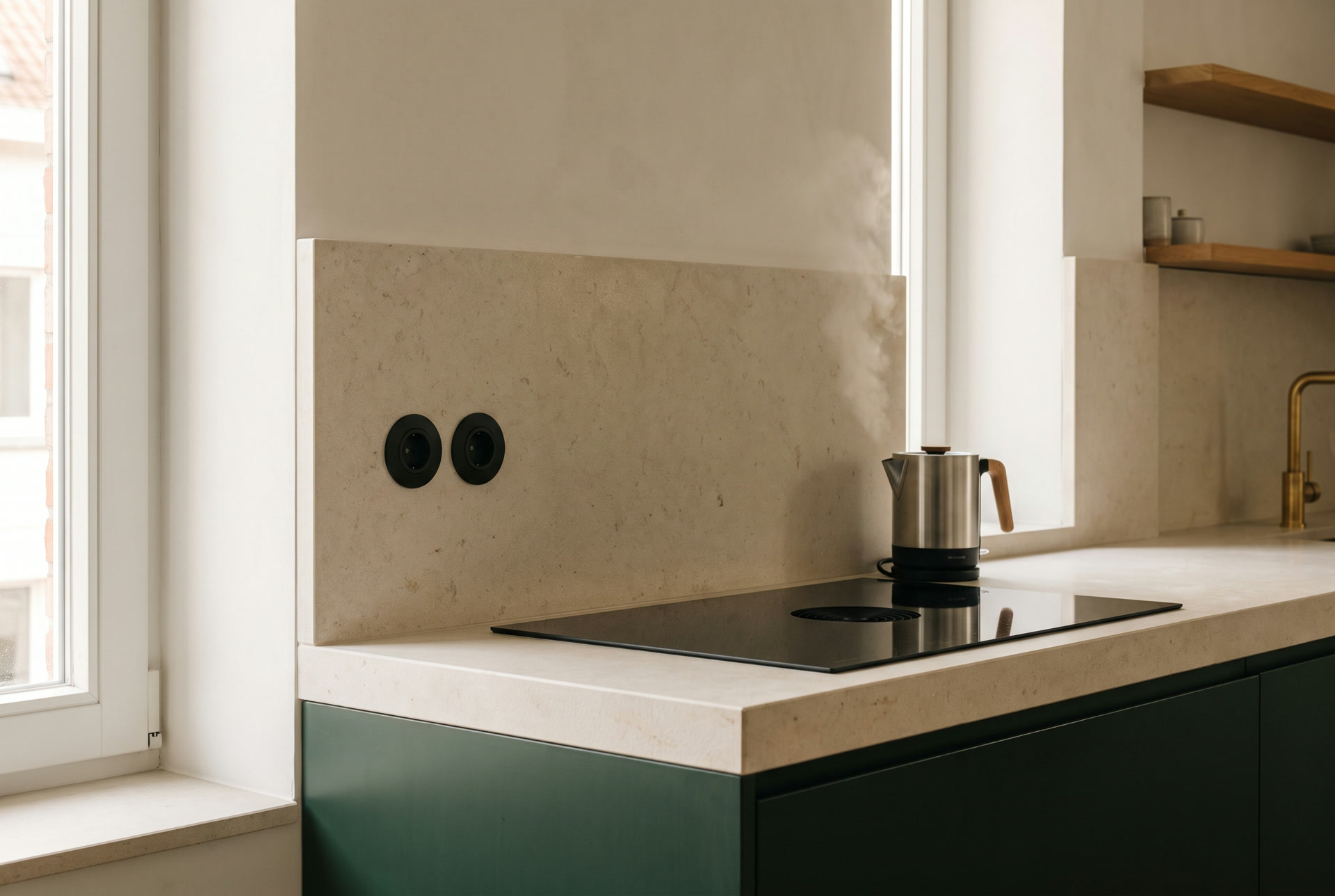 Sockets set into the stone splashback above the worktop, illustration