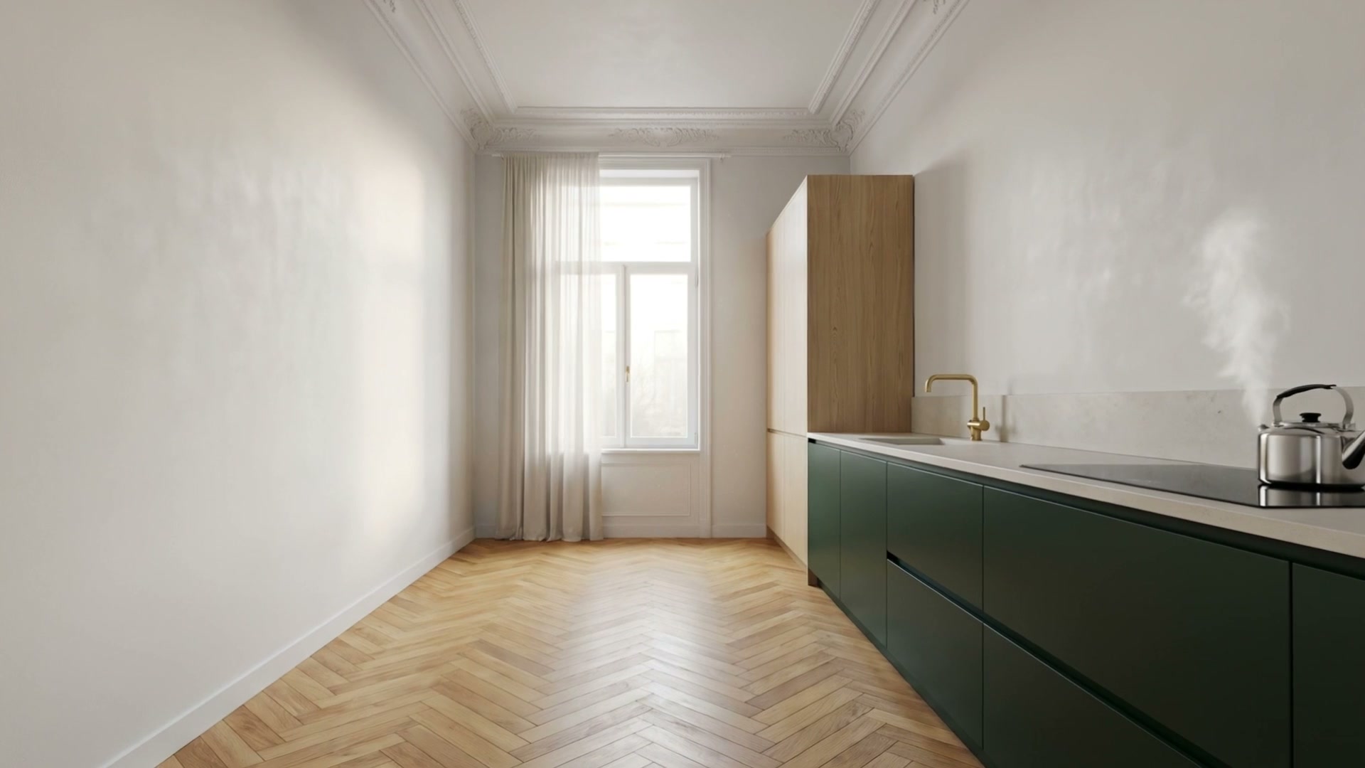 Renovated kitchen in a Brussels maison de maître, stone worktop and deep green units, illustration