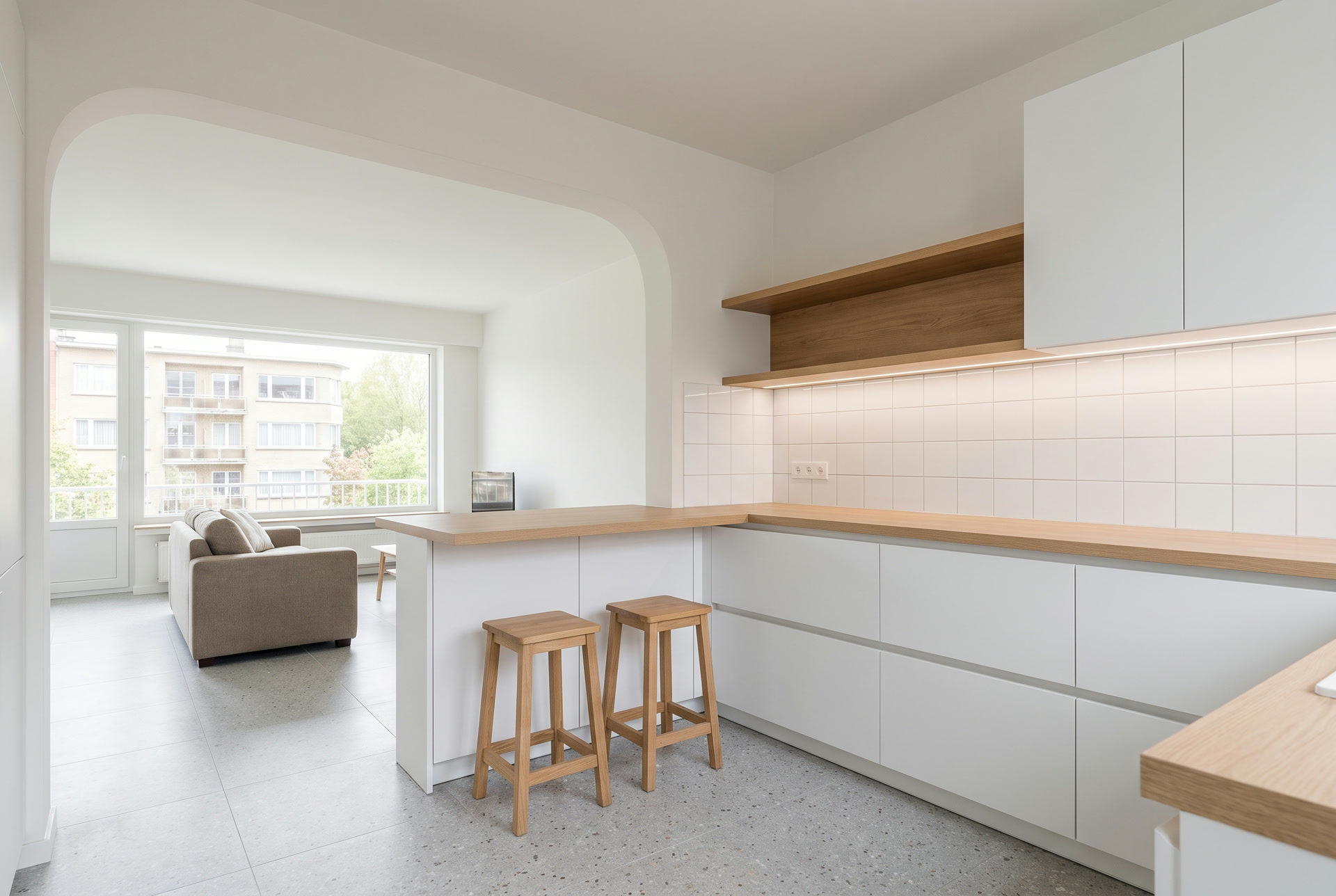 1960s Brussels flat kitchen redone and opened onto the living room, illustration
