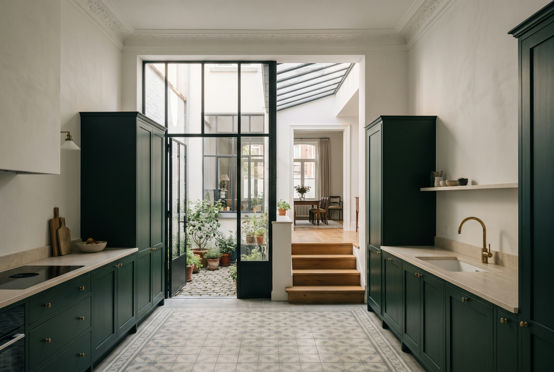 Split-level kitchen in a Brussels maison de maître, glass roof onto the courtyard, illustration