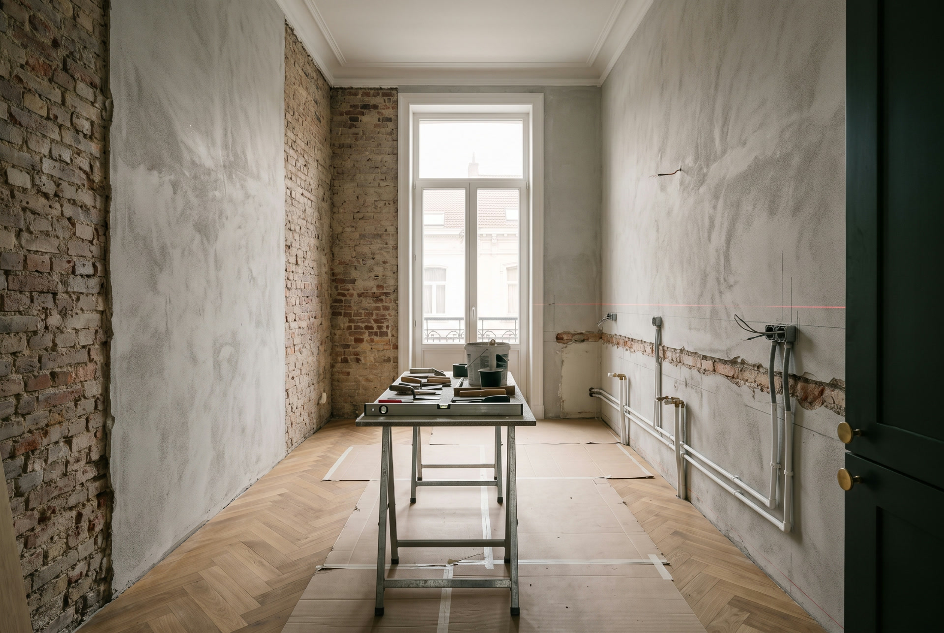 Kitchen mid-renovation, pipes and conduits run before plastering