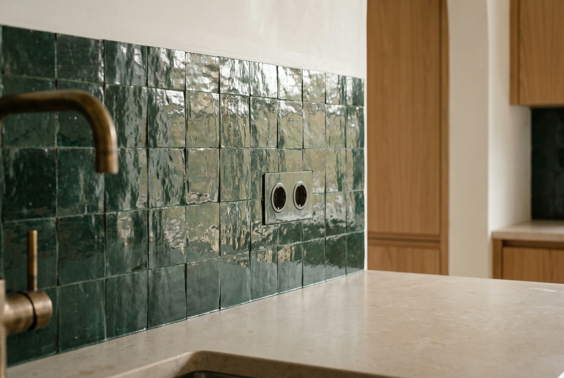 Green zellige splashback cut around a flush socket, illustration