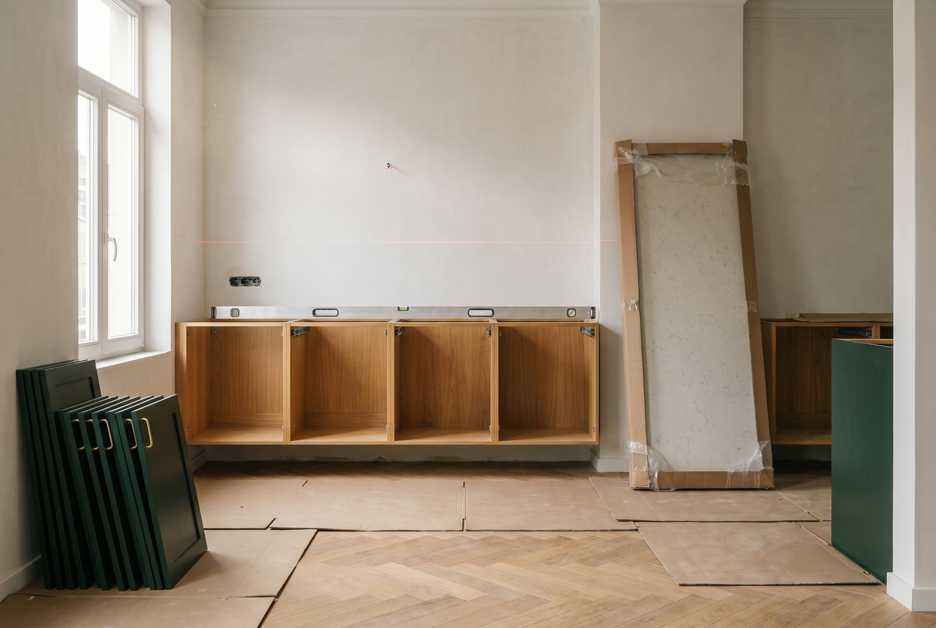 Kitchen carcasses levelled, spirit level on top, before the worktop