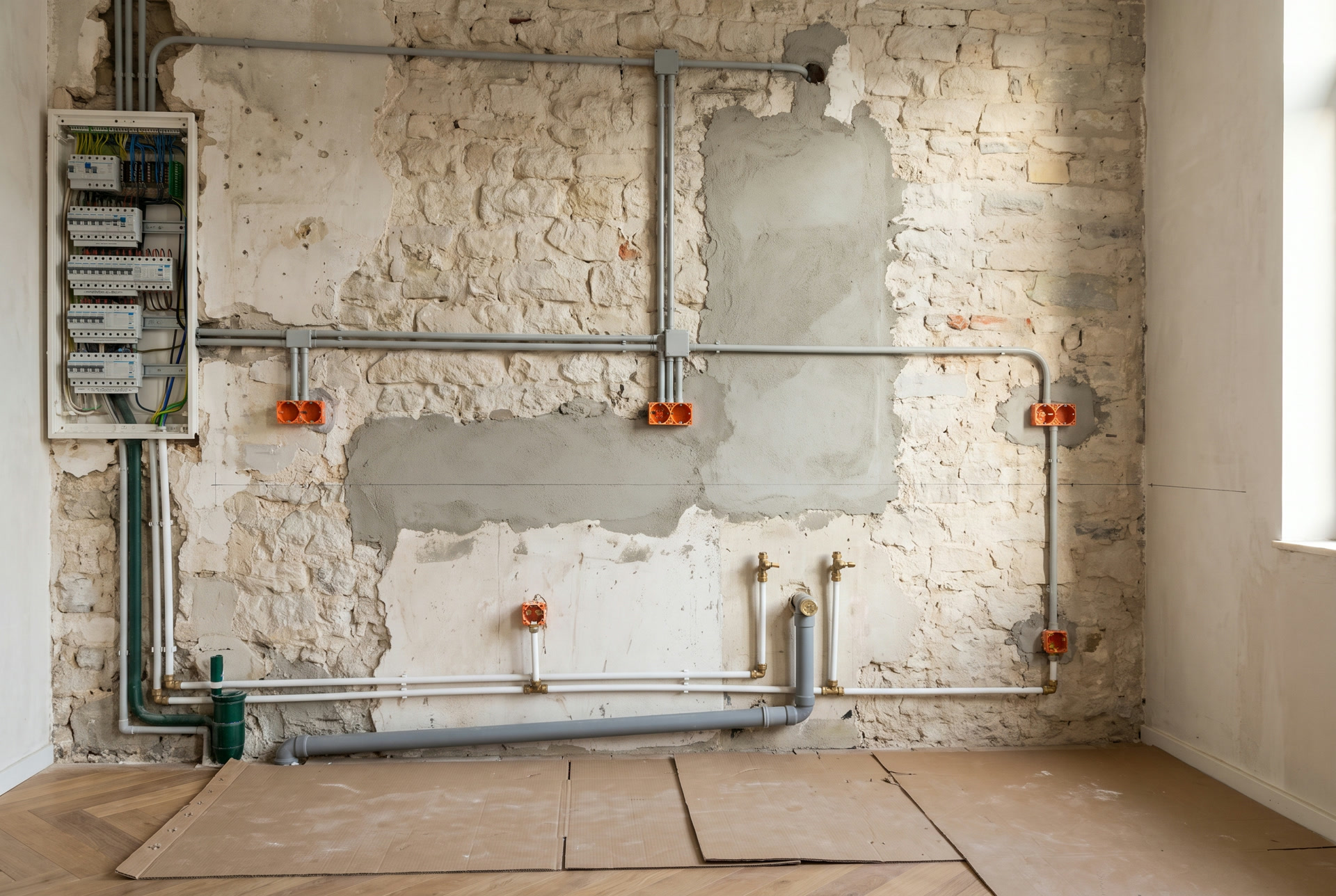 Kitchen wall with multilayer pipes and electrical conduits waiting, before plastering